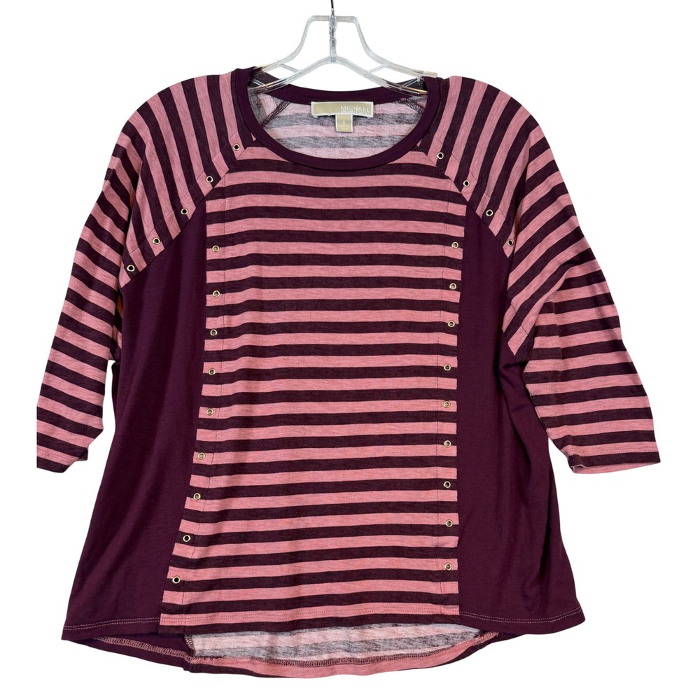 Michael Michael Kors Womens Small Plum Striped Grommet Raglan 3/4 Sleeve Top Y2K